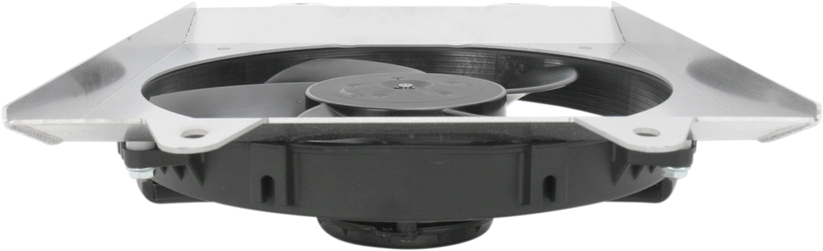A close-up view of an electric cooling fan assembly with black fan blades housed in a round black casing, mounted on a flat metallic shroud, photographed from a low front angle against a white background.