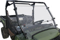 A John Deere Gator HPX 4X4, XUV 620i/625i/825i/825M/850D/855D hard-coated, scratch-resistant hinged windshield with vents (2007+) is mounted on a green UTV cab with a steering wheel, black seats, and black clamps securing the windshield.