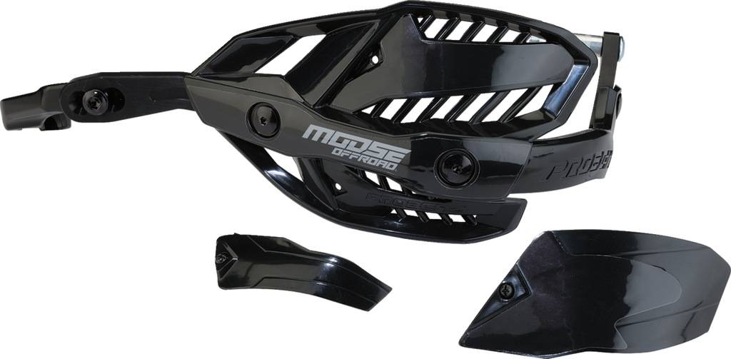 A pair of glossy black off-road handguards with vented designs and silver “Moose Offroad” branding, shown with two detachable vent covers and mounting hardware, all displayed on a white background.