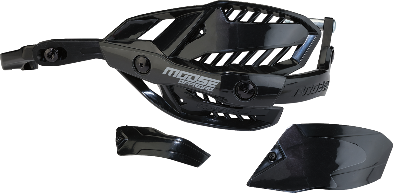 A pair of glossy black off-road handguards with vented designs and silver “Moose Offroad” branding, shown with two detachable vent covers and mounting hardware, all displayed on a white background.