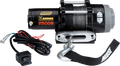 A black electric winch labeled “Moose Utility Division Aggro 2500S” with a gray spool of cable, a metal hook, a black and white strap, and an attached wired remote control with toggle switch and power cables.