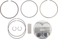 A piston kit is shown, including a metallic piston labeled MOOSE RACING EXH, two circular snap rings, a wrist pin, and several piston rings of different thicknesses, all neatly laid out on a white background.