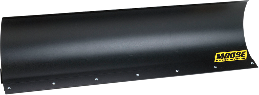 A large, black, curved metal snow plow blade with a row of bolts along the bottom edge. A yellow and black Moose Utility Division logo is visible on the lower right corner of the blade. The background is plain and light-colored.
