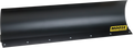 A large, black, curved metal snow plow blade with a row of bolts along the bottom edge. A yellow and black Moose Utility Division logo is visible on the lower right corner of the blade. The background is plain and light-colored.