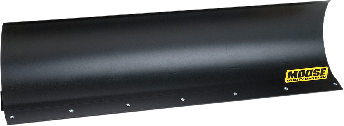 A large, black, curved metal snow plow blade with a row of bolts along the bottom edge. A yellow and black Moose Utility Division logo is visible on the lower right corner of the blade. The background is plain and light-colored.