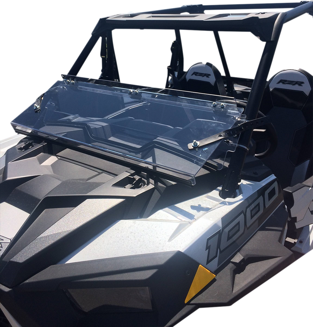 A close-up of a black and gray off-road vehicle with two seats, labeled “1000” on the side. The vehicle has a clear, folding windshield partially open and sturdy roll bars, designed for rugged outdoor use.