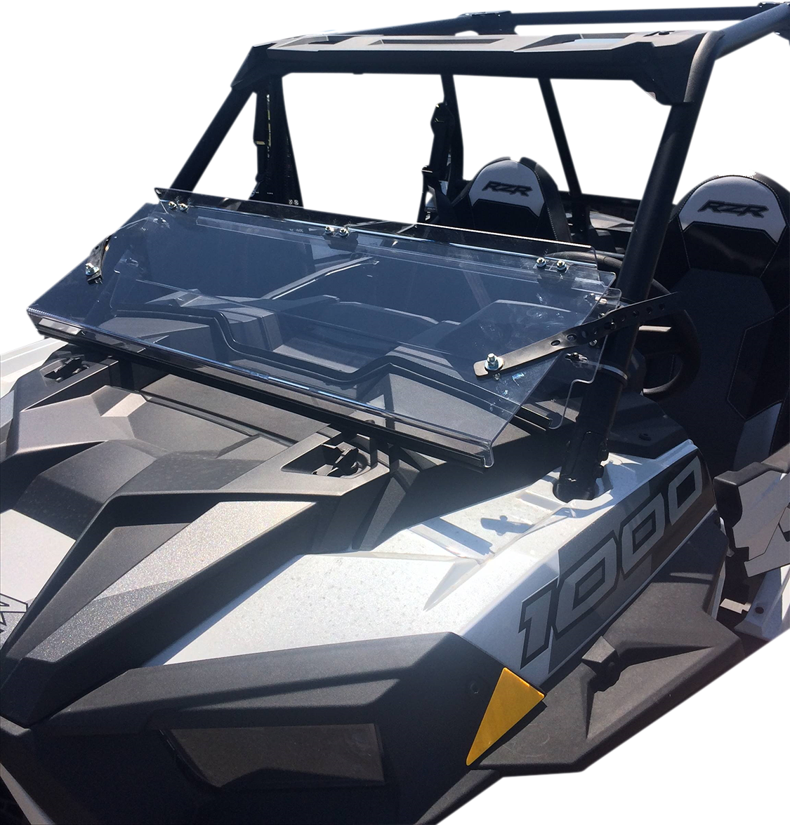 A close-up of a black and gray off-road vehicle with two seats, labeled “1000” on the side. The vehicle has a clear, folding windshield partially open and sturdy roll bars, designed for rugged outdoor use.