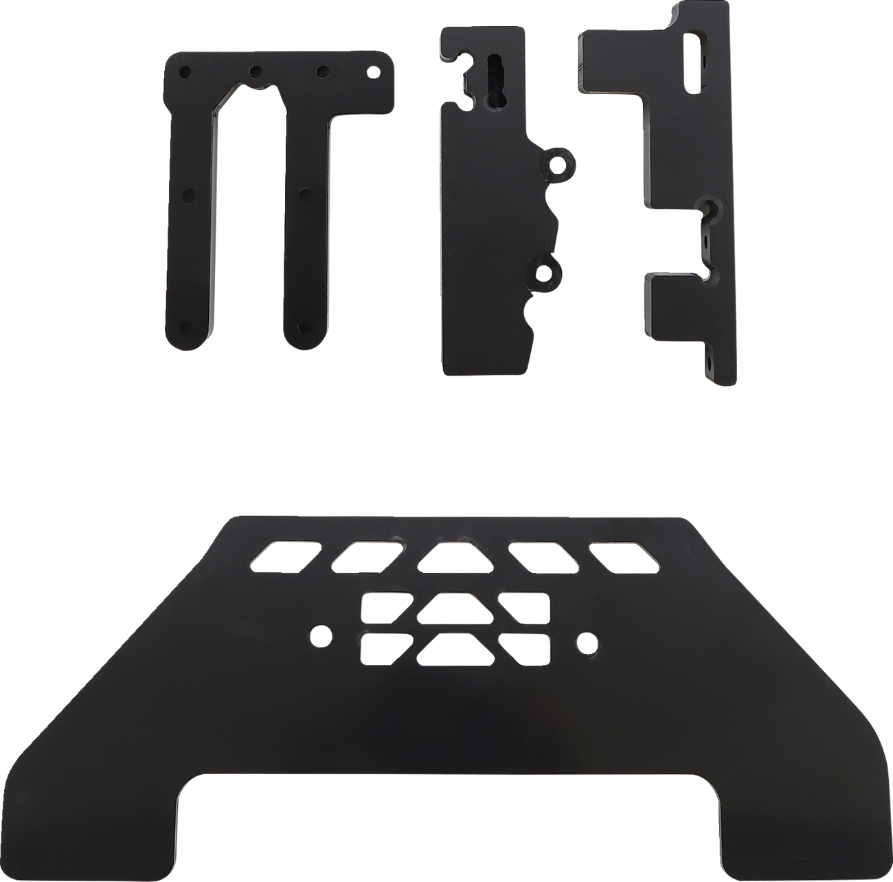 Four black metal mounting brackets are displayed on a plain white background. Three smaller brackets with various cutouts and holes are arranged above one larger, trapezoid-shaped bracket with geometric cutouts in the center.