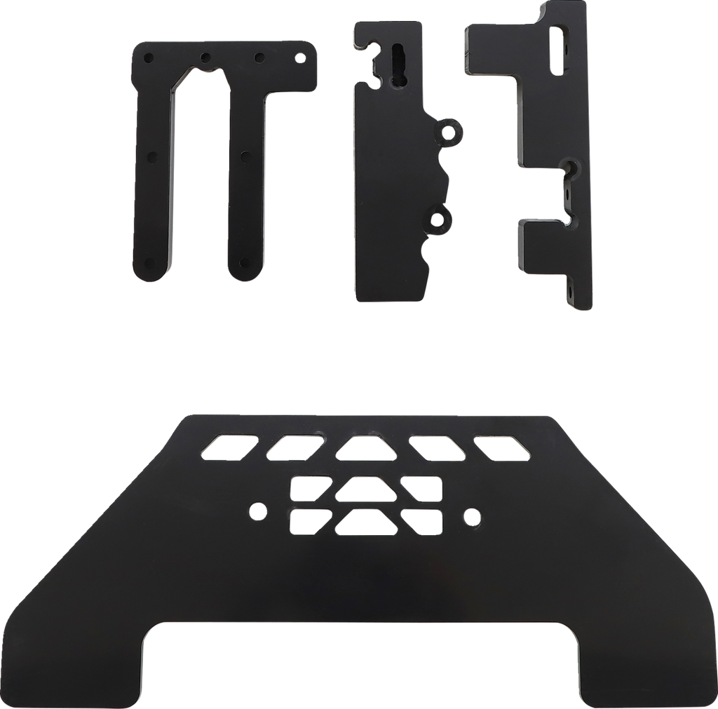 Four black metal plates of various geometric shapes are arranged on a white background. The bottom plate is wide with angled corners and cut-out patterns. The three top plates are narrower, each with a distinct, irregular outline and several drilled holes