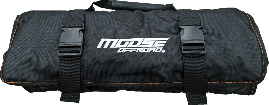 A black, cylindrical tool roll with orange stitching is secured by two adjustable buckle straps. The bag has a handle on top and features the logo MOOSE OFFROAD in white, bold, stylized letters on the center.