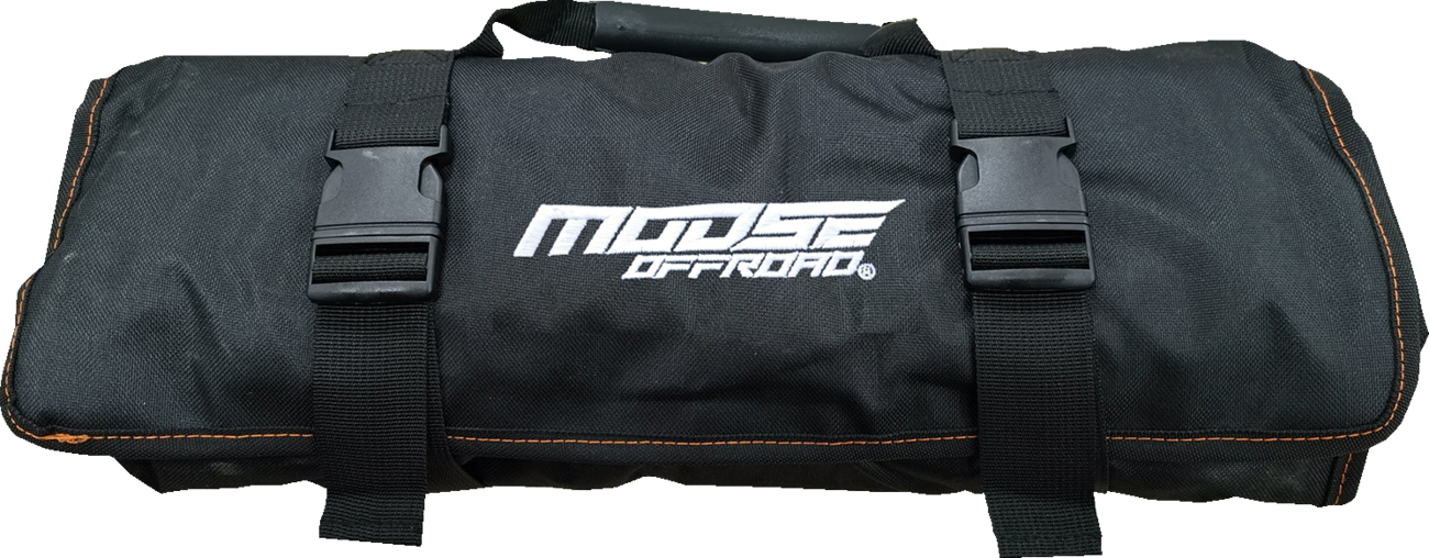 A black, cylindrical tool roll with orange stitching is secured by two adjustable buckle straps. The bag has a handle on top and features the logo MOOSE OFFROAD in white, bold, stylized letters on the center.