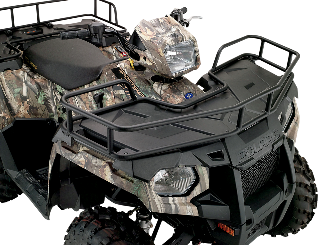 A close-up of a camouflage-patterned Polaris ATV, showing the front rack, large headlight, black seat, rugged tires, and protective bars, all set against a white background. The texture and details of the vehicle’s body and accessories are clearly visible