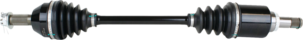 A black car CV axle shaft with accordion-style rubber boots at each end, exposing metal splines on both sides. The shaft appears clean, new, and against a white background.