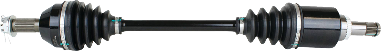 A black car CV axle shaft with accordion-style rubber boots at each end, exposing metal splines on both sides. The shaft appears clean, new, and against a white background.