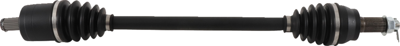 A black automotive drive shaft or axle shaft with rubber boots on both ends, metallic joints visible at each tip, and a straight, cylindrical central shaft connecting the ends. The background is plain white.