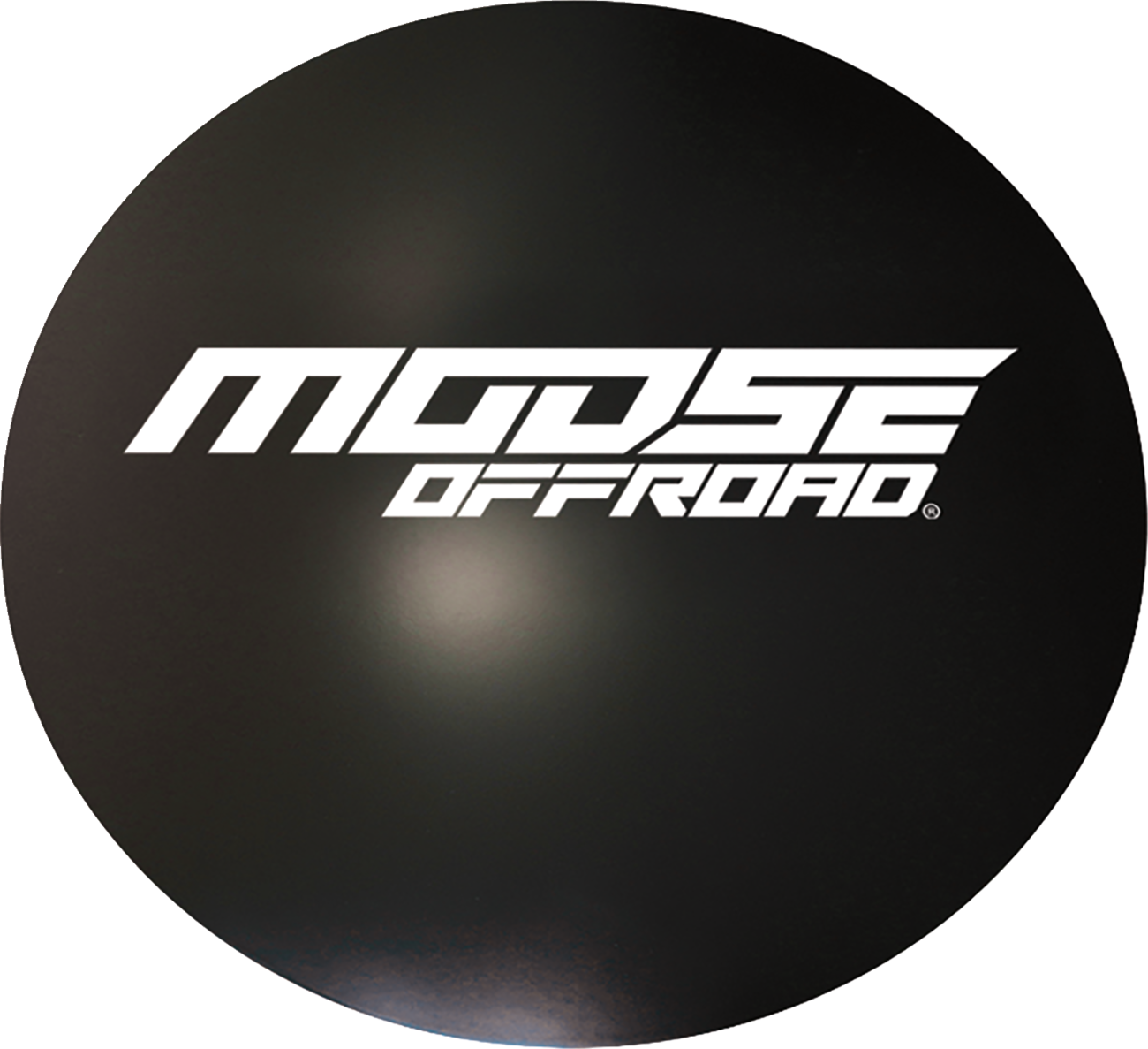 A round black object with the bold white text MOOSE OFFROAD in a modern, angular font centered on it. The surface has a subtle shine and a slight reflection, giving it a glossy appearance.