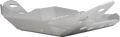 A silver metal skid plate with visible welds, beveled edges, and several cut-out holes for mounting and weight reduction, photographed against a plain white background.
