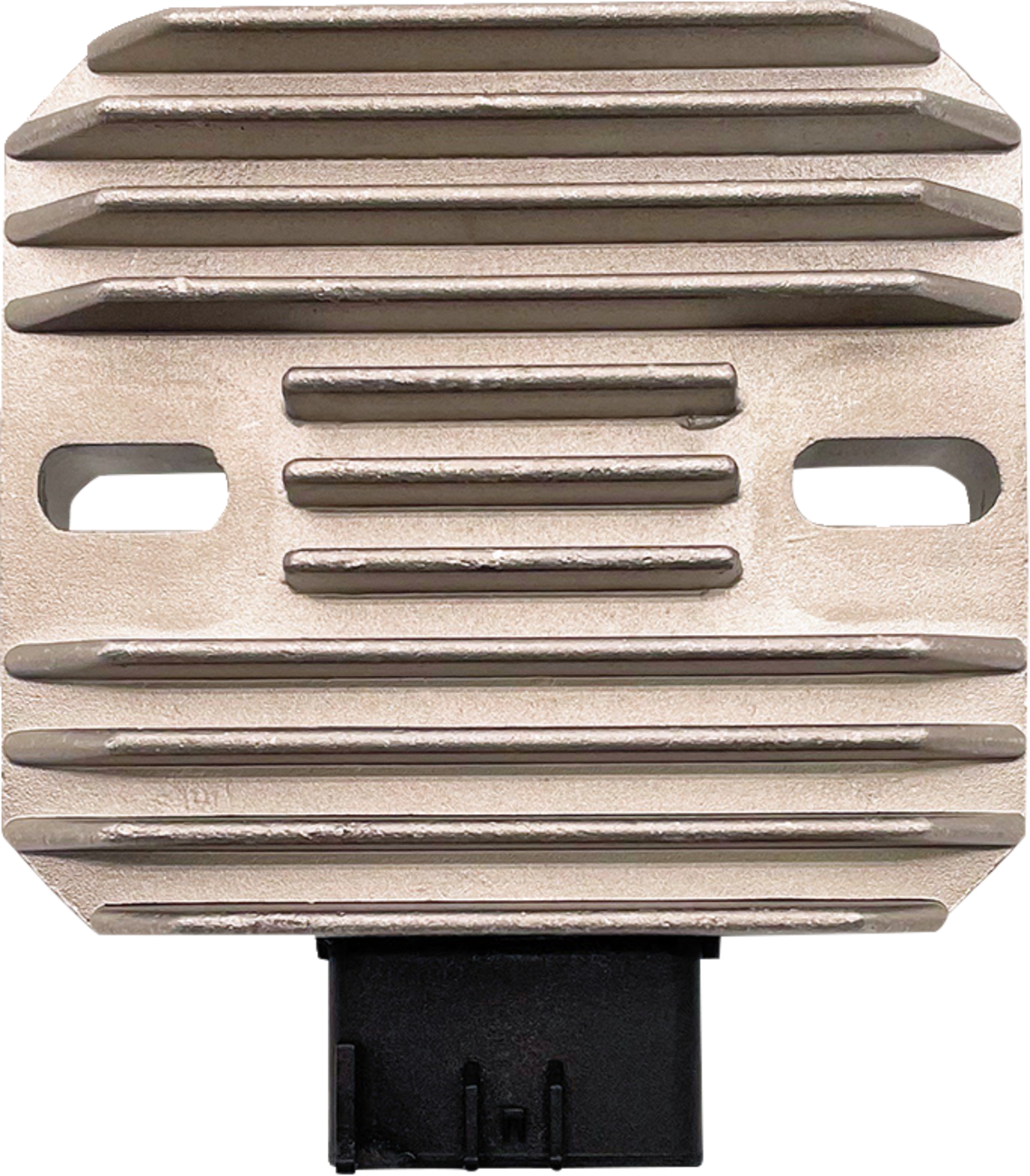 A rectangular, metal device with horizontal ridges and two oval slots on each side. A black plastic connector protrudes from the bottom center. The overall appearance suggests its an electronic or automotive component, possibly a heat sink or regulator.