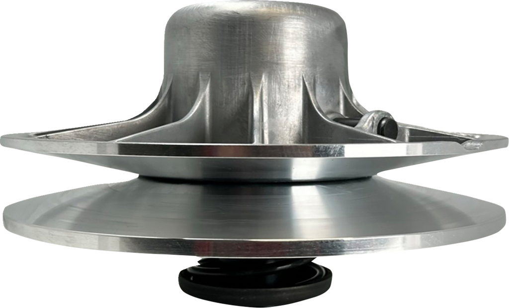 A metal automotive or mechanical pulley with a domed top, radial spokes, and two wide, flat discs. The object has a brushed silver finish and a round, black rubber ring at the bottom center. The background is plain white.