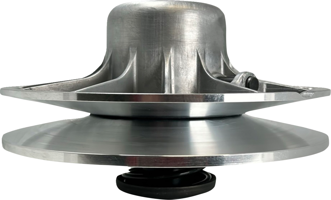 A metal automotive or mechanical pulley with a domed top, radial spokes, and two wide, flat discs. The object has a brushed silver finish and a round, black rubber ring at the bottom center. The background is plain white.