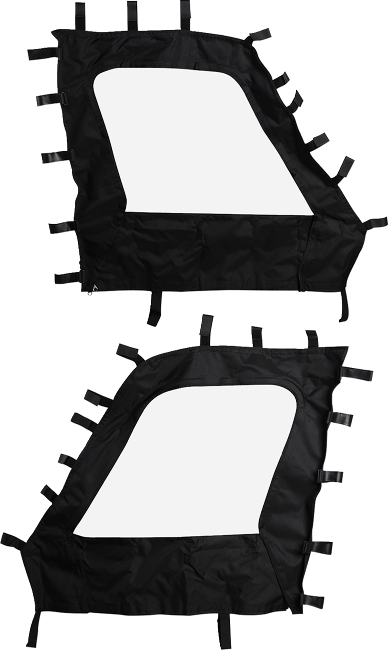 Two black, irregularly shaped fabric panels with zipper sections and multiple black straps with buckles line the edges. The panels are placed parallel to each other on a white background, appearing to be identical and possibly automotive or outdoor equipm