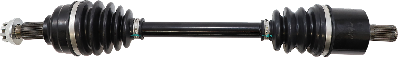 A close-up photo of a car’s drive shaft (CV axle) showing a central metal rod with black accordion-style rubber boots and metal clamps on each end, connecting splined joints used in vehicle drivetrains. The background is plain white.