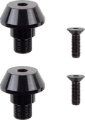 Two sets of black hardware lie on a white background. Each set includes a large, conical bolt with a hex socket top and a wide base, and a smaller, flat-head screw with a countersunk hex socket and visible threading.