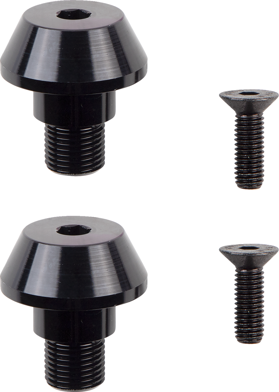 Two sets of black hardware lie on a white background. Each set includes a large, conical bolt with a hex socket top and a wide base, and a smaller, flat-head screw with a countersunk hex socket and visible threading.