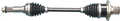 A metal car axle shaft with rubber boots at each end, featuring ridged and smooth sections, and splined ends for connection. The central rod is straight and metallic, and the ends have black flexible accordion-like covers.