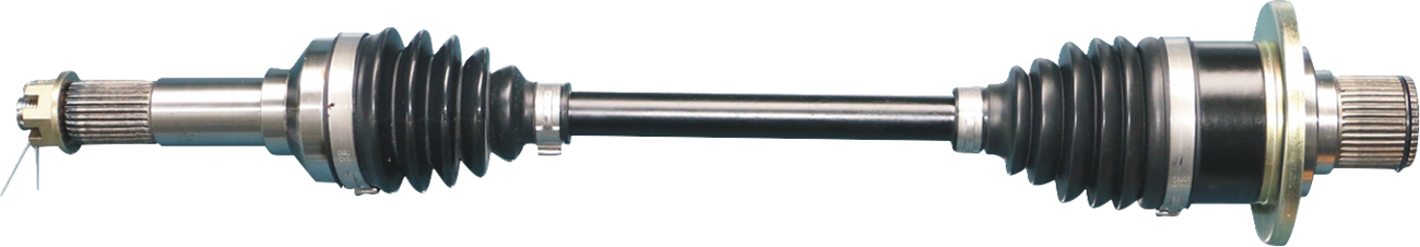 A metal car axle shaft with rubber boots at each end, featuring ridged and smooth sections, and splined ends for connection. The central rod is straight and metallic, and the ends have black flexible accordion-like covers.