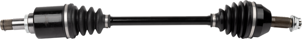 A car CV axle shaft with black rubber boots at each end, metal joints, and splined ends for fitting; the shaft is straight with symmetrical protective boots and metallic parts on both sides, designed for transferring power in a vehicle’s drivetrain.