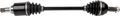 A car CV axle shaft with black rubber boots at each end, metal joints, and splined ends for fitting; the shaft is straight with symmetrical protective boots and metallic parts on both sides, designed for transferring power in a vehicle’s drivetrain.