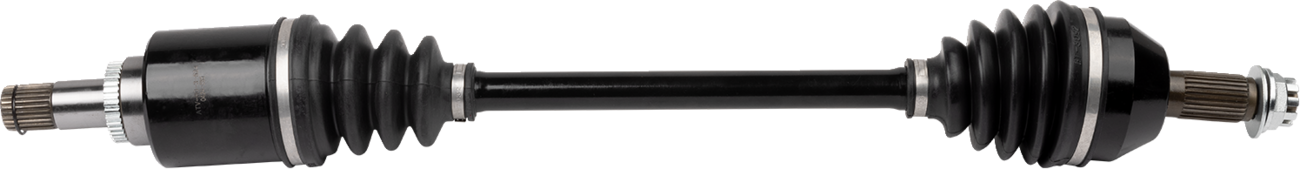A car CV axle shaft with black rubber boots at each end, metal joints, and splined ends for fitting; the shaft is straight with symmetrical protective boots and metallic parts on both sides, designed for transferring power in a vehicle’s drivetrain.