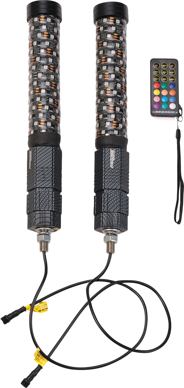 Two cylindrical LED light wands with black textured grips and cables attached are shown side by side. Above the cables, each wand features a spiral of multicolored LEDs. A small, rectangular remote control with various colored buttons is placed near the w