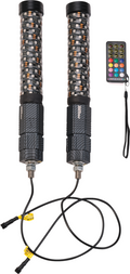 Two cylindrical LED light wands with black textured grips and cables attached are shown side by side. Above the cables, each wand features a spiral of multicolored LEDs. A small, rectangular remote control with various colored buttons is placed near the w