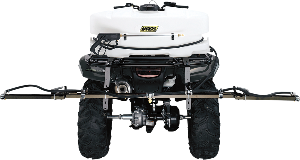 A rear view of an ATV equipped with a white Moose-branded pesticide sprayer tank and a wide metal spray boom attached to the back, designed for agricultural or landscaping applications. The ATV has large, rugged tires and black chassis components visible.