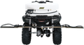 A rear view of an ATV equipped with a white Moose brand sprayer tank and wide spray boom mounted above the large rear tires. Hoses and spray nozzles are visible, designed for agricultural or lawn spraying tasks.