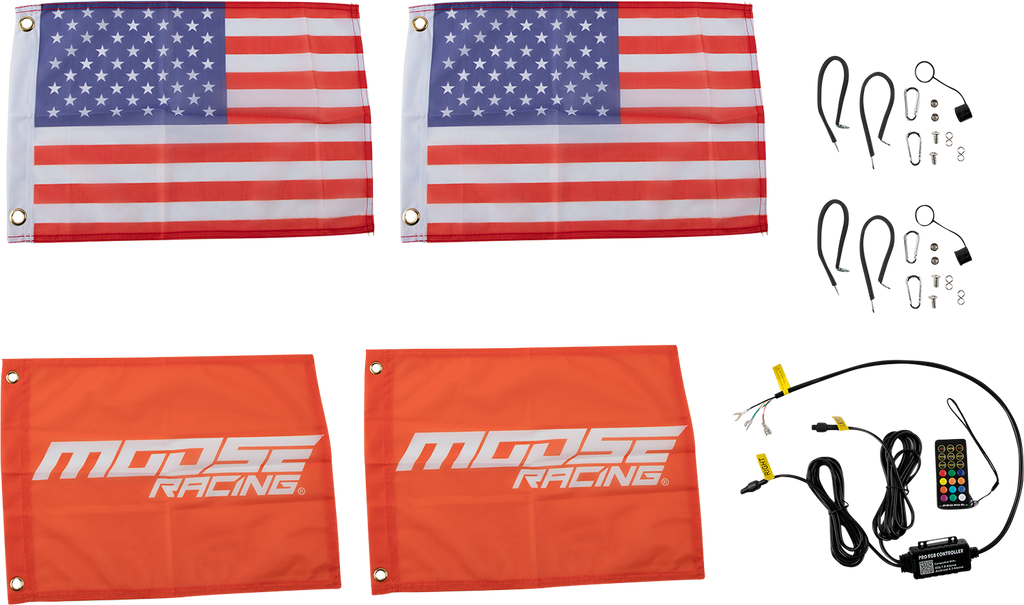 Four flags (two American, two orange Moose Racing), four flag mounting kits with hardware, and an LED whip light kit with cables and a remote are arranged on a white background.