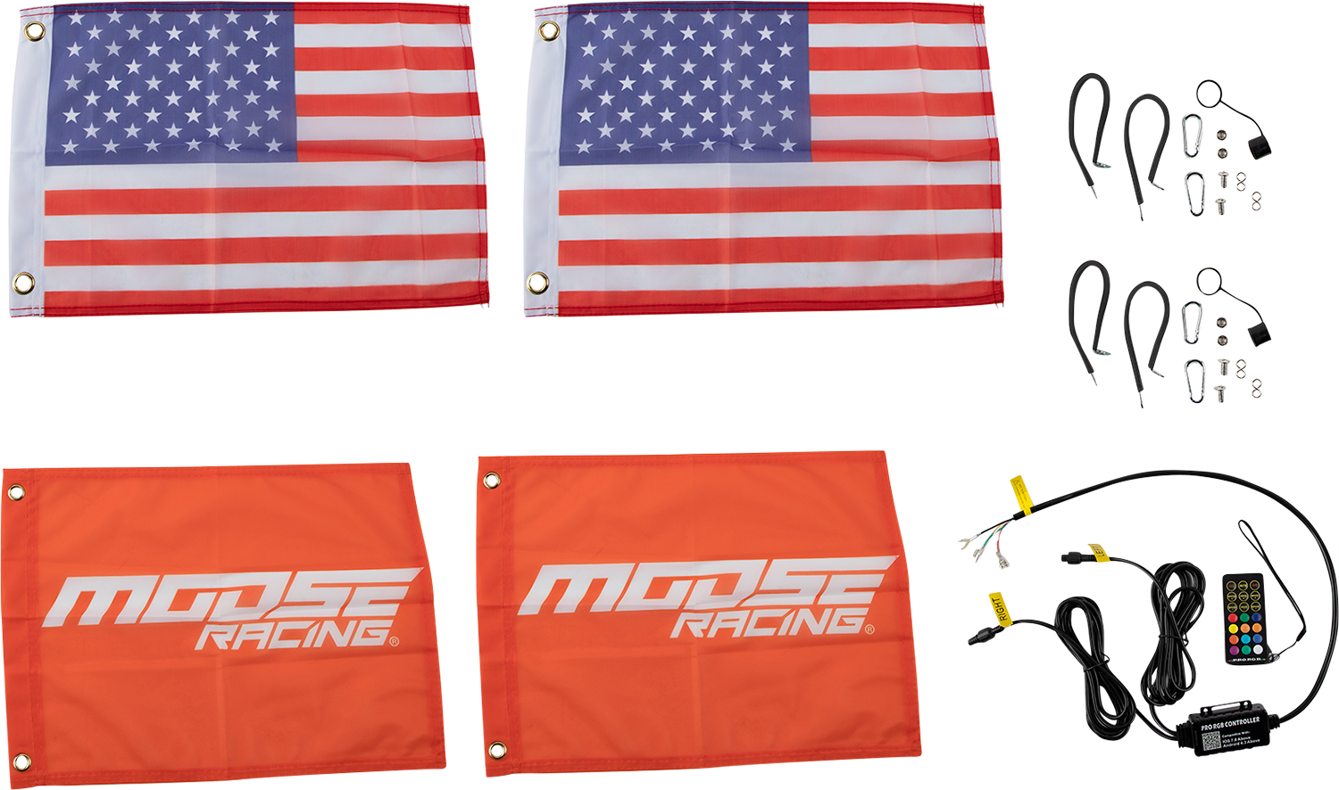 Four flags (two American, two orange Moose Racing), four flag mounting kits with hardware, and an LED whip light kit with cables and a remote are arranged on a white background.