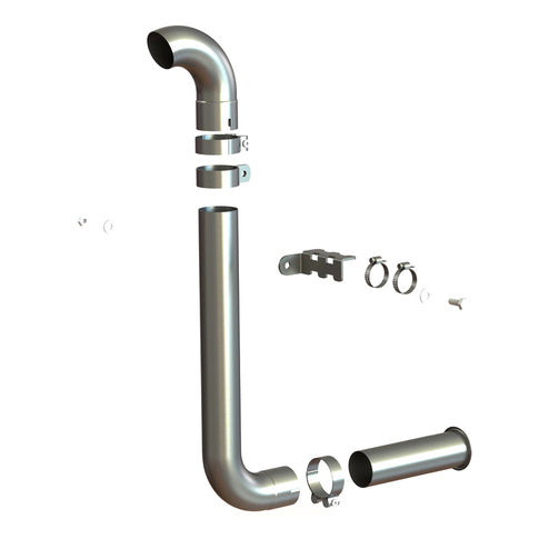 A digital rendering displays an exploded view of the Arctic Cat 1000 Snorkel with its metallic L-shaped pipe, clamps, mounting brackets, and fasteners arranged separately on a white background.