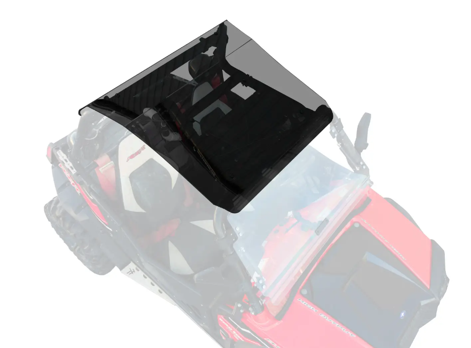 Top-down view of a Polaris RZR 800 with a black-tinted transparent roof panel. The two-seat red off-road vehicle is shown on a white background, highlighting the Polaris RZR 800 Tinted Roof and interior features.