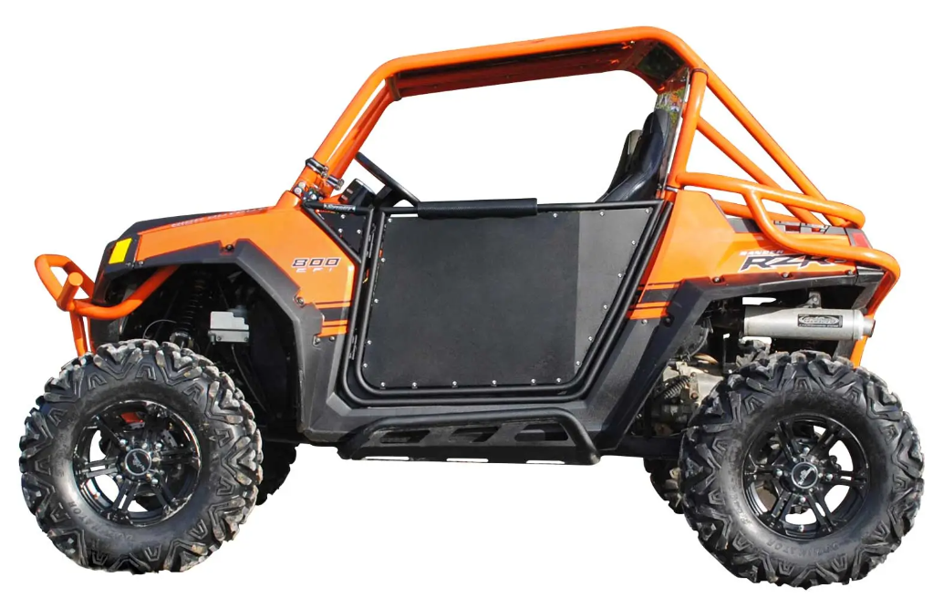 The Polaris RZR 800 Aluminum Doors feature black panels and an exposed frame, designed for adventure driving in rugged terrain. This orange off-road utility vehicle includes large tires, two seats, open sides, and a protective roll cage.