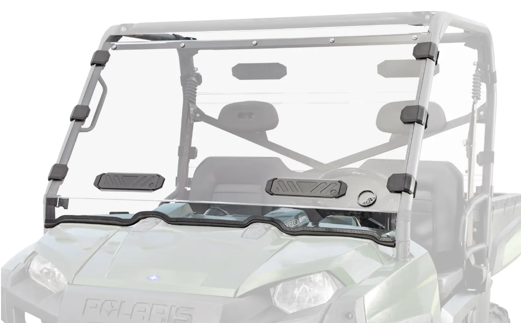 A Polaris Ranger 800 Scratch Resistant Windshield with black mounting brackets is attached to the front of a green vehicle, featuring two black vents near the bottom and fitting securely within the metal frame.