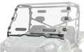 A Polaris Ranger 800 Scratch Resistant Windshield with black mounting brackets is attached to the front of a green vehicle, featuring two black vents near the bottom and fitting securely within the metal frame.