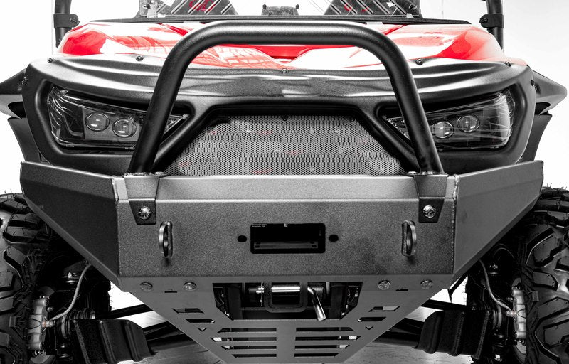 Front view of a vehicle with the 2018-Current Intimidator Sheet Metal Bumper, red hood, black grille, rugged tires, headlights, visible suspension and skid plate. Bull bar sold separately. Plain white background.