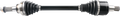 A close-up of a cars CV (constant velocity) axle shaft, showing black rubber boots on both ends covering the joints, with shiny metal clamps and grooved metal ends for attachment, all set against a plain white background.