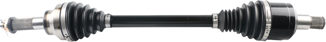 A close-up of a cars CV (constant velocity) axle shaft, showing black rubber boots on both ends covering the joints, with shiny metal clamps and grooved metal ends for attachment, all set against a plain white background.