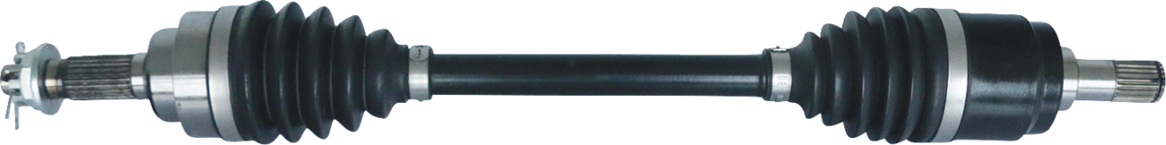 A close-up image of a car’s CV axle shaft, featuring metal joints at both ends and black rubber boots protecting each joint, with a solid black rod connecting them against a white background.