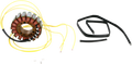 A circular copper and metal stator coil with several attached yellow wires sits next to two black protective wire sleeves and a short black tube. Small white cylindrical components are positioned in front of the stator on a white background.