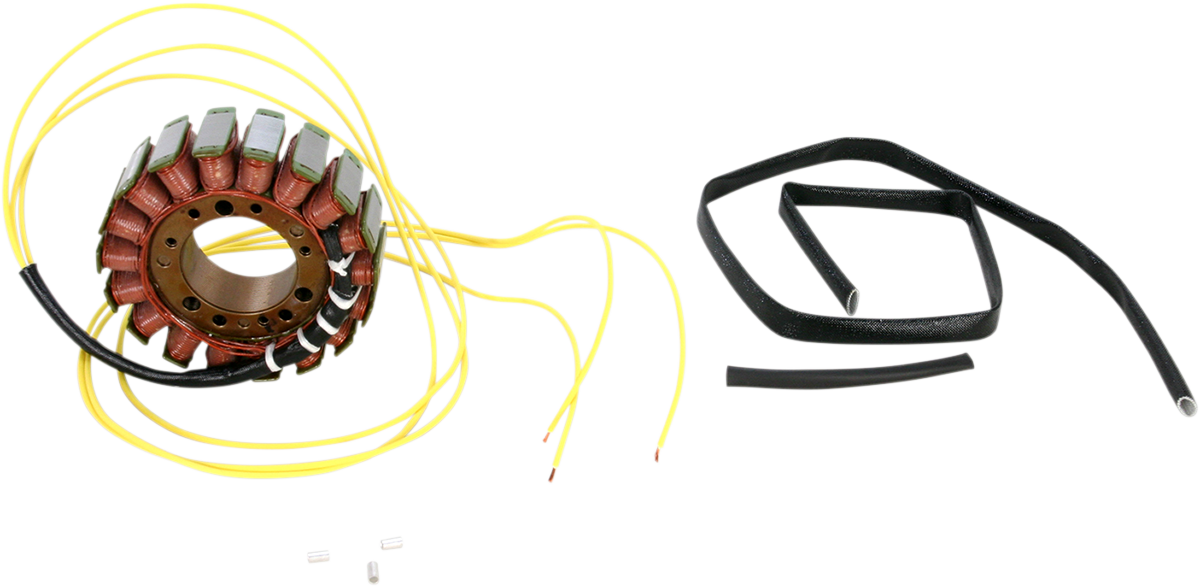 A circular copper and metal stator coil with several attached yellow wires sits next to two black protective wire sleeves and a short black tube. Small white cylindrical components are positioned in front of the stator on a white background.